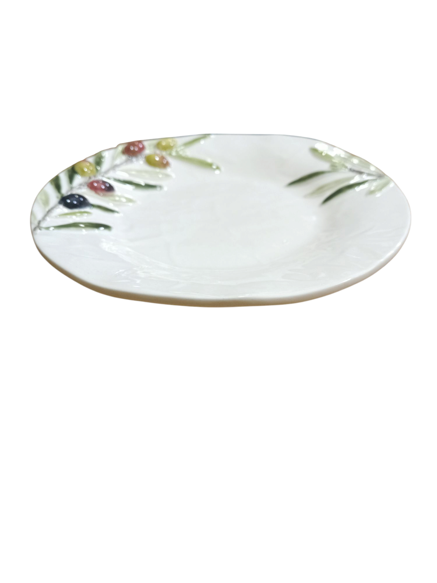 Prato Fruta/Entrada - Coleção Olival - Bordallo Pinheiro Prato de cerâmica branco com azeitonas e folhas decorativas