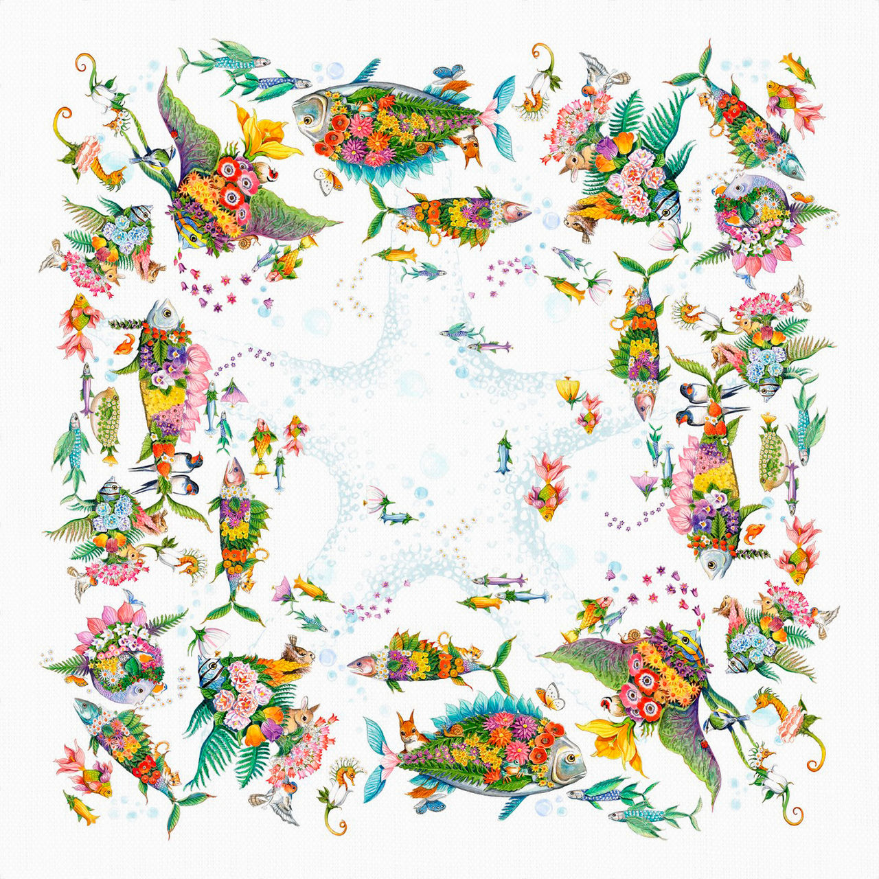 Toalha de Mesa 100% Linho PESCIFLORA- Tessitura lenço branco com padrão colorido de peixes e flores