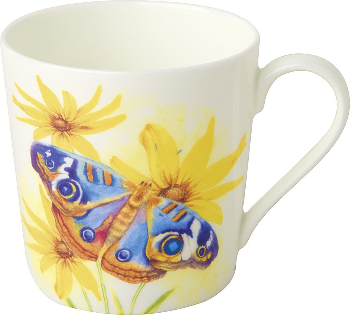 Caneca de Porcelana Borboleta 350ml - Ø 9x H 9 cm - IHR Caneca branca com estampa de borboleta azul e flores amarelas
