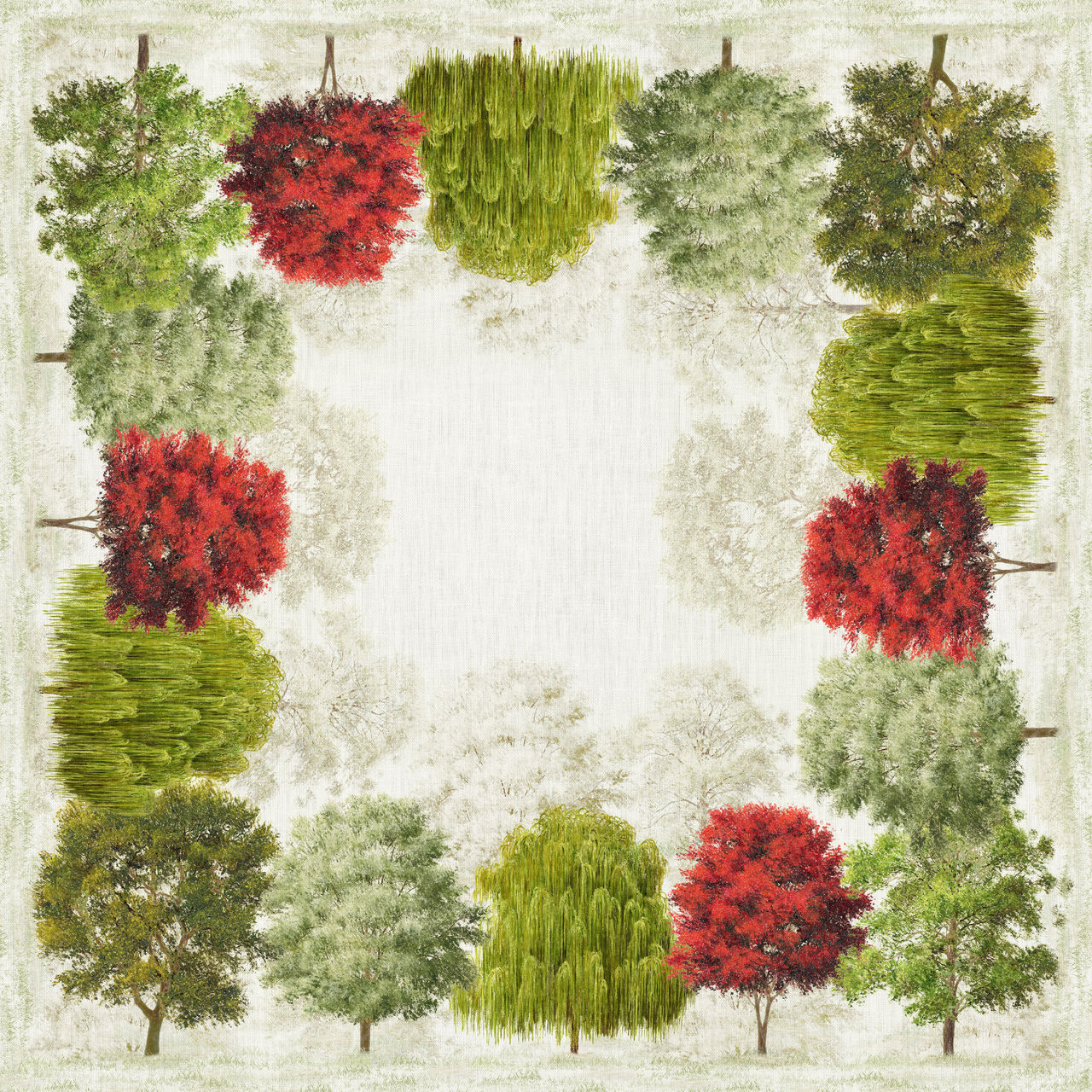 Toalha de Mesa 100% Linho GREESON- Tessitura Padrão quadrado de árvores coloridas em moldura simétrica sobre fundo bege