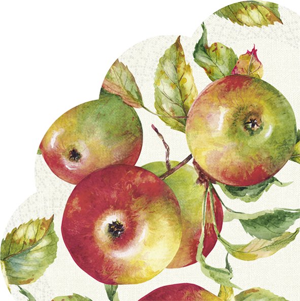 Guardanapos de papel redondos Maçãs - IHR Padrão de maçãs e folhas em fundo branco com borda ondulada