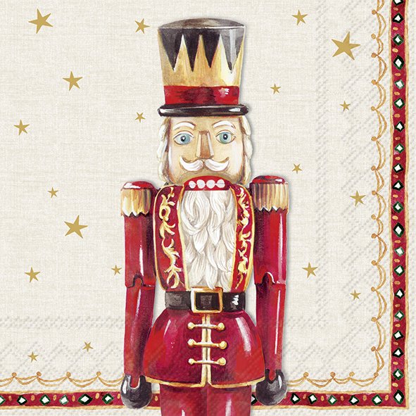 Guardanapos de papel Quebra-nozes Cocktail - IHR Figura de soldado de madeira tipo queixada em fundo com estrelas e borda decorativa