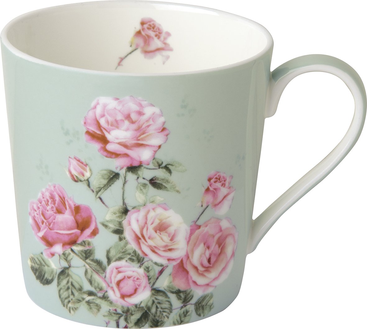 Caneca de Porcelana Verde com Rosinhas 350ml - Ø 9x H 9 cm - IHR Caneca verde claro com desenhos de rosas cor-de-rosa e folhas verdes
