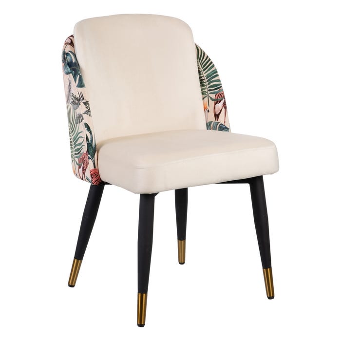 Cadeira pavão bege tecido-metal 51x52x82 cm Cadeira estofada bege com laterais florais e pernas pretas com pontas douradas