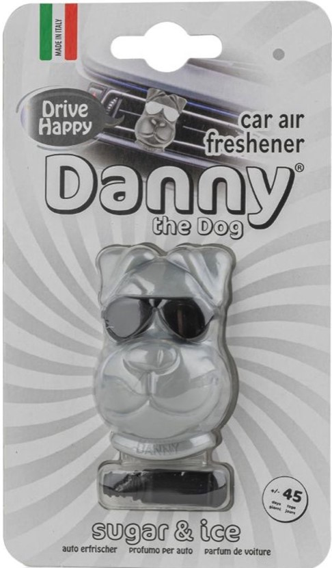 Ambientador de carro Danny the Dog Ambientador para carro cabeça de cão cinzento com óculos escuros em embalagem cinzenta