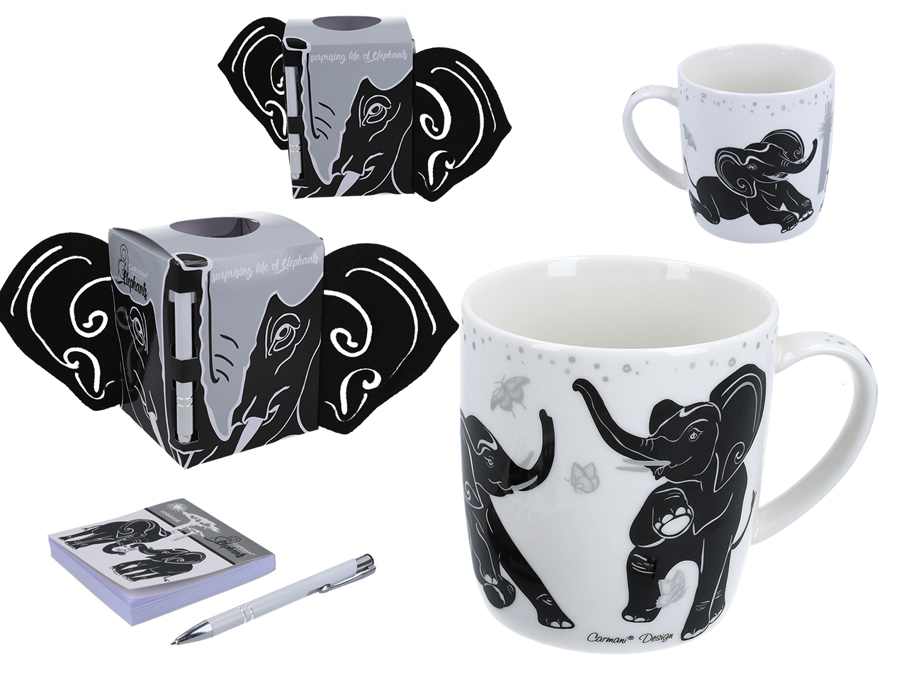 Caneca de Elefante com Bloco e caneta Conjunto de caneca, bloco de notas, estojo e caneta com tema de elefantes
