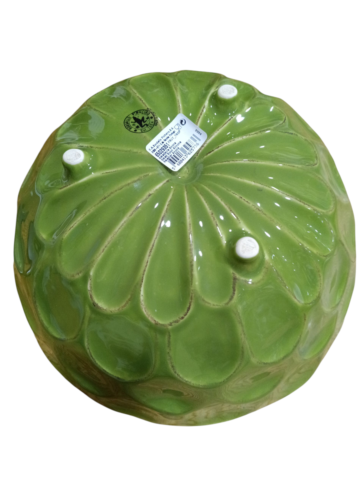 Saladeira Anona- Coleção Frutos Tropicais - Bordallo Pinheiro Vaso de cerâmica verde com padrão pétalas e rótulo