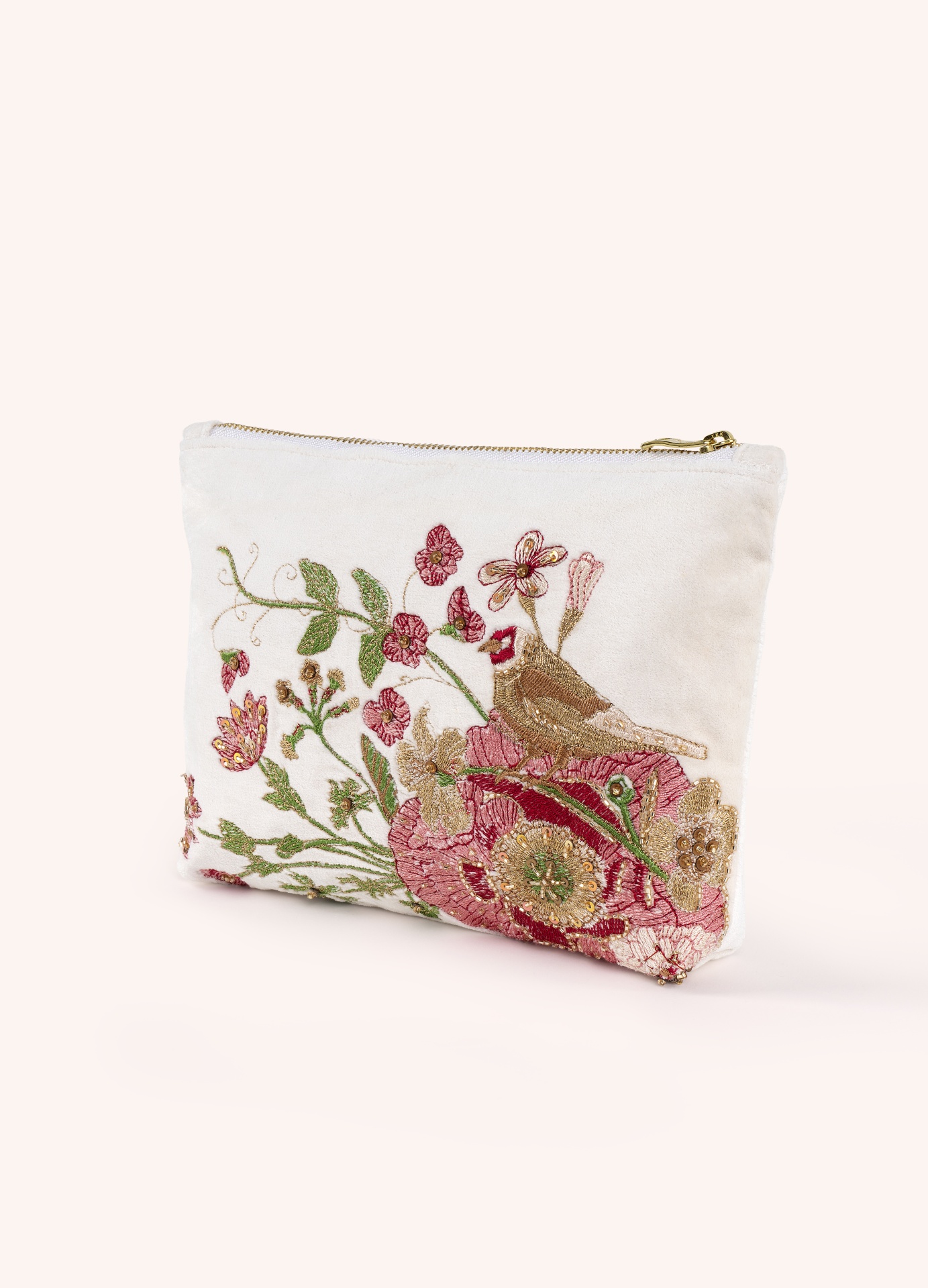 Bolsa Veludo Passarinho - Powder Necessaire branca com bordados florais e pássaro
