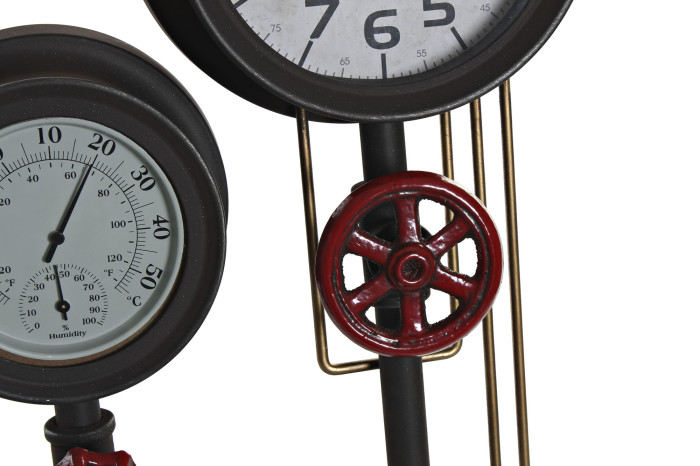 Relógio Parede com Termometro - Cor Chumbo Dois manómetros analógicos com válvula de roda vermelha em tubos pretos