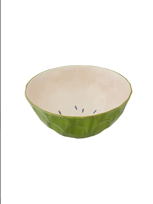 Saladeira Anona- Coleção Frutos Tropicais - Bordallo Pinheiro Tigela de cerâmica verde com interior creme e detalhes pretos
