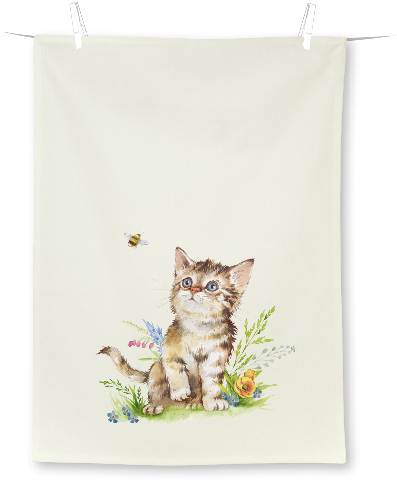 Pano de cozinha azul do Gato nas flores 50x70 cm - Teatowel IHR Toalha de tecido creme com ilustração de gatinho, flores e uma abelha