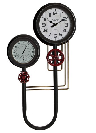 Relógio Parede com Termometro - Cor Chumbo Relógio e barómetro industriais com válvulas vermelhas e tubos dourados