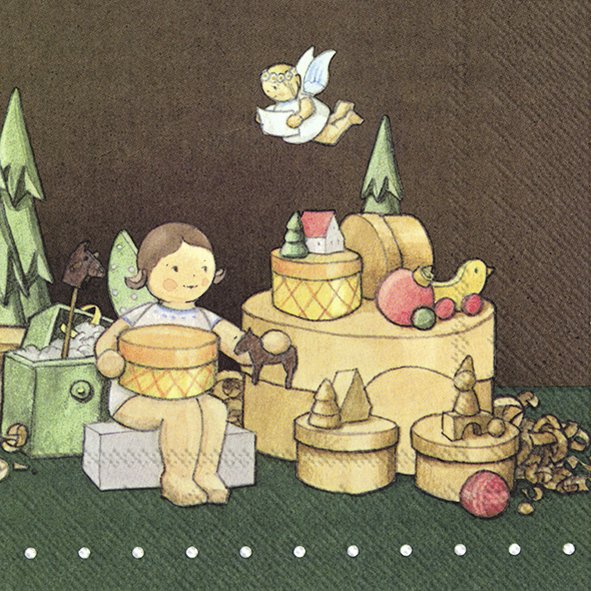 Guardanapos de papel Brinquedos de Madeira - IHR Boneca de madeira com caixas redondas decorativas e elementos em madeira num cenário de fantasia.