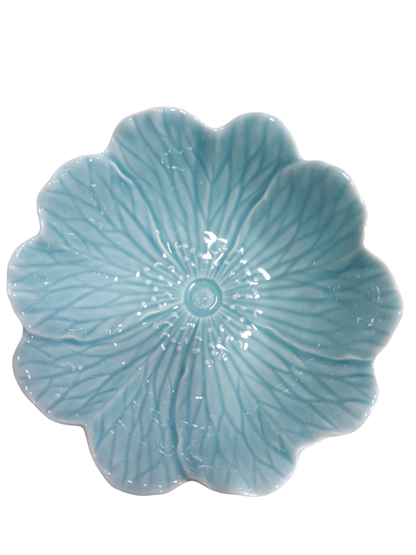 Tigela Grande azul - Coleção Flora - Bordallo Pinheiro prato decorativo azul claro em forma de flor com textura de veias