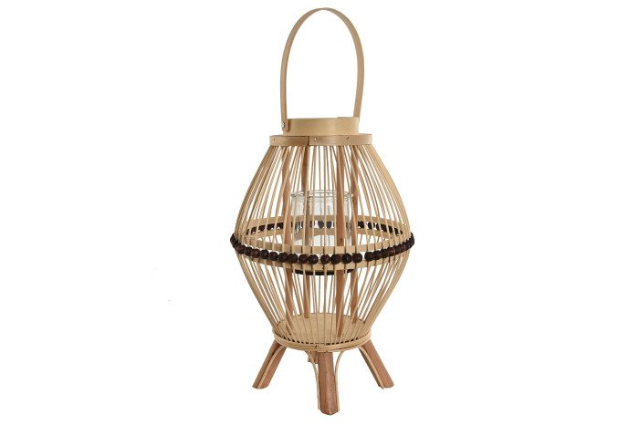 PORTA-VELA RATTAN VIDRO 31X31X46 NATURAL Lanterna de vime ou madeira clara com alça e base de três pernas