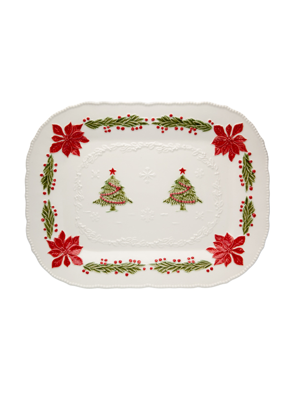 Bordallo Pinheiro - NATAL - Tabuleiro 47 Travessa de cerâmica branca com decoração natalícia colorida