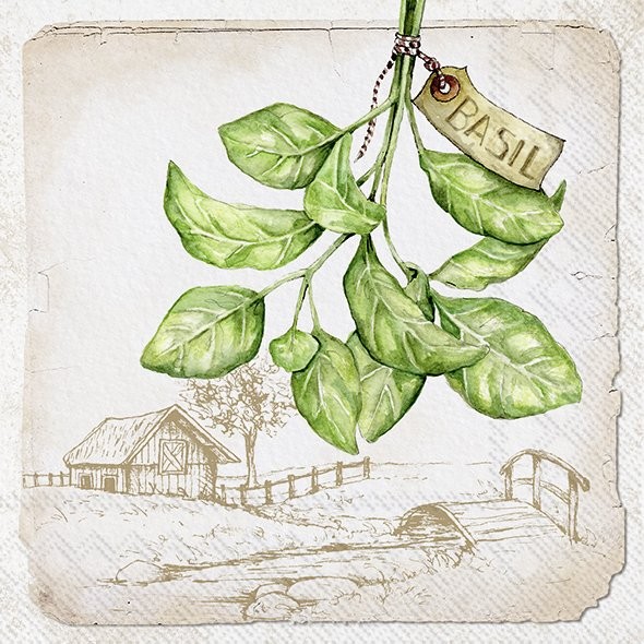Guardanapos de papel creme com manjericão - IHR Ilustração de ramo de manjericão com etiqueta BASIL e cenário de chalé rural em fundo bege