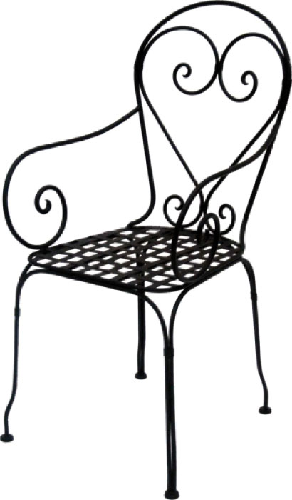 Cadeira de braços em ferro Cadeira de metal preta com desenho curvo e assento em grelha