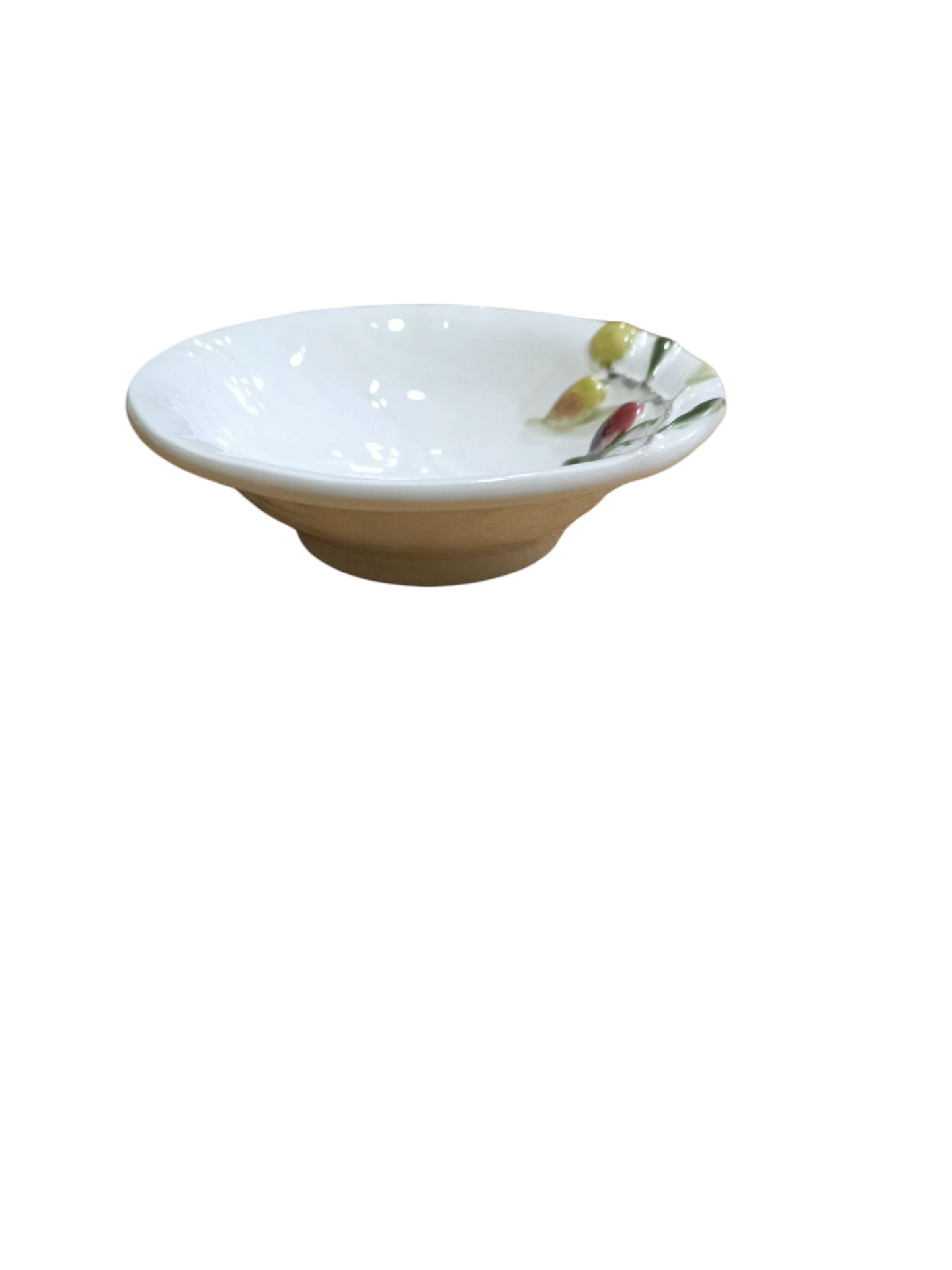 Taça Pequena - Coleção Olival - Bordallo Pinheiro Prato raso branco com decoração de ramos e frutos coloridos