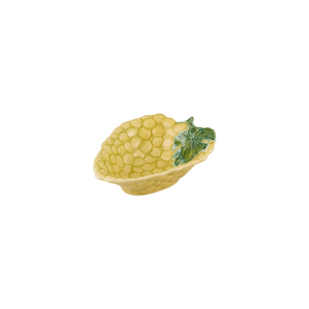 Tigela/taça branco/amarelo uvas - Coleção uvas - Bordallo Pinheiro Taça decorativa em cerâmica amarela com textura de células e folha verde