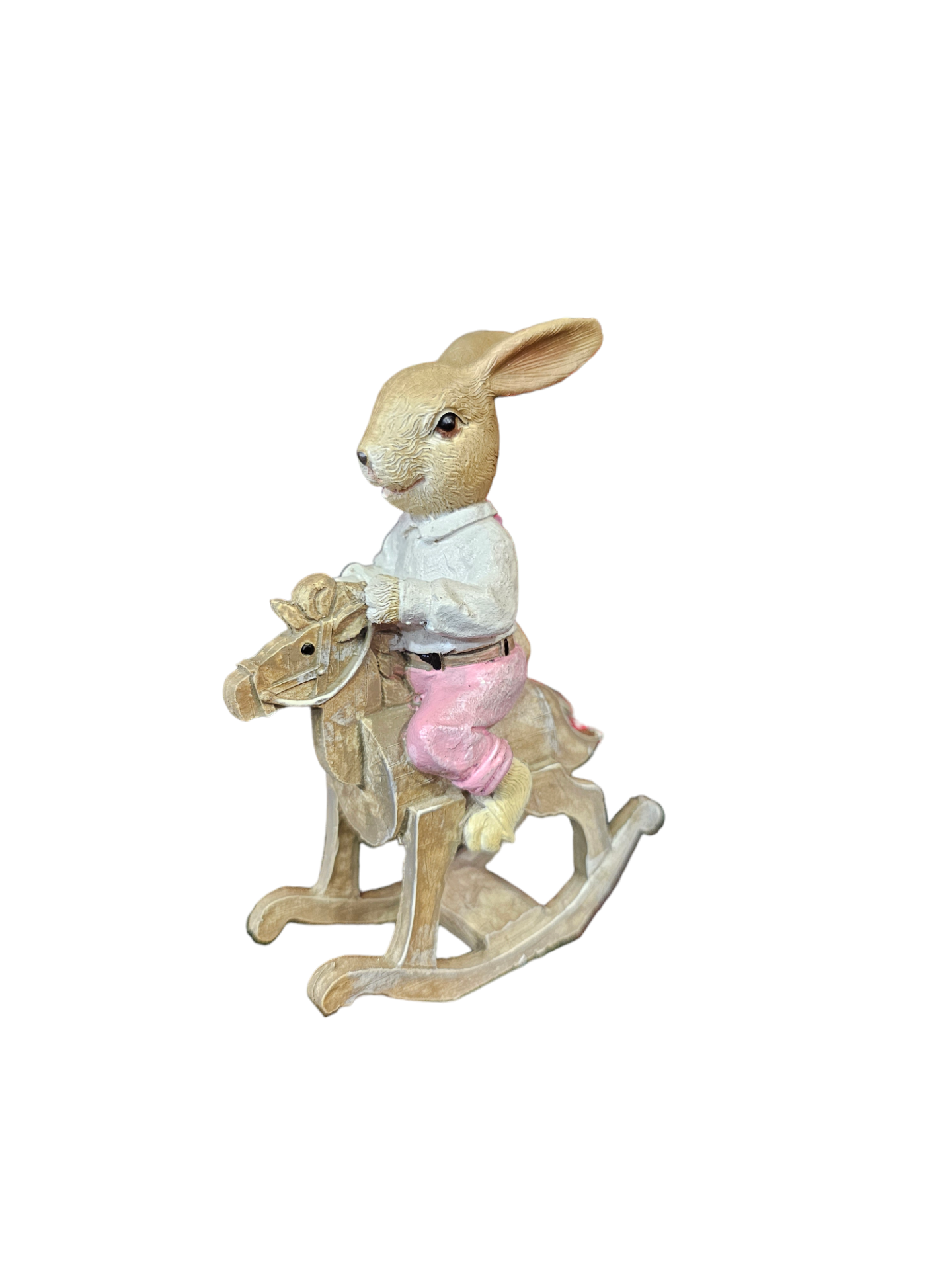 Coelhinho no cavalinho - 9 X 4 X 13 CM Figura de coelho a montar cavalo de baloiço em madeira