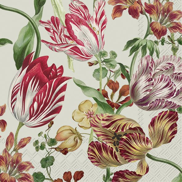 Guardanapos de papel tulipas desfolhadas varias IHR Padrão floral colorido com grande variedade de flores e folhas em fundo claro texturizado