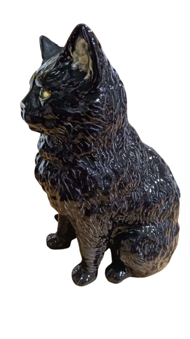 Bordallo Pinheiro - Gato sentado Bordallo Pinheiro Estátua brilhante de gato preto sentado com detalhes castanhos