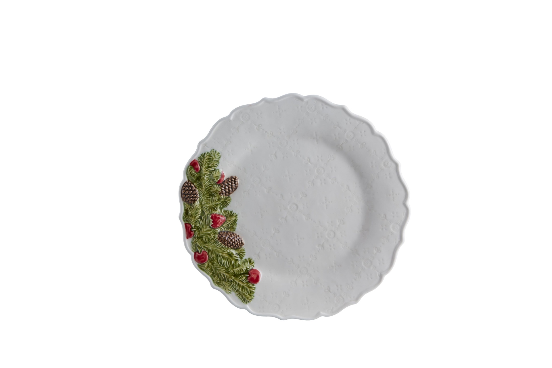 Bordallo Pinheiro - Coroa de Natal - Prato raso 29.5cm Prato branco decorativo com raminhos verdes, pinhas e bagas vermelhas