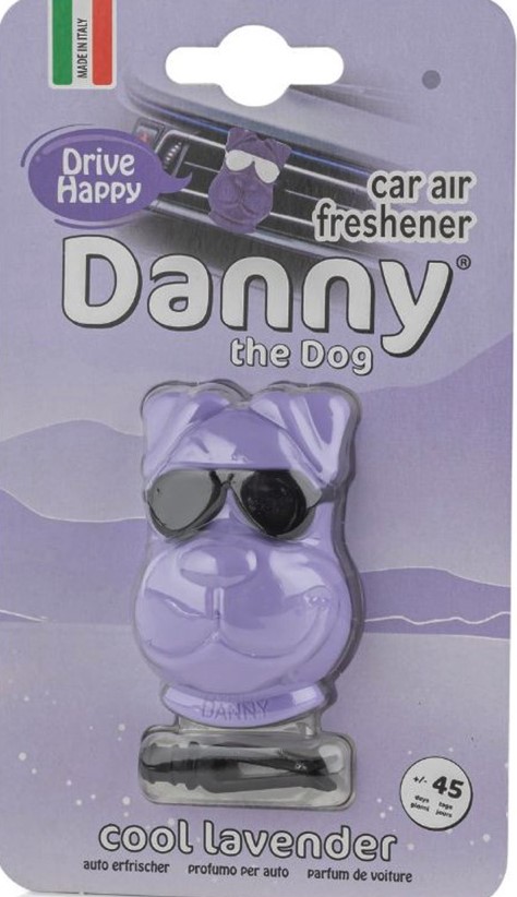 Ambientador de carro Danny the Dog Ambientador para carro em forma de cão roxo com óculos escuros na embalagem lilás