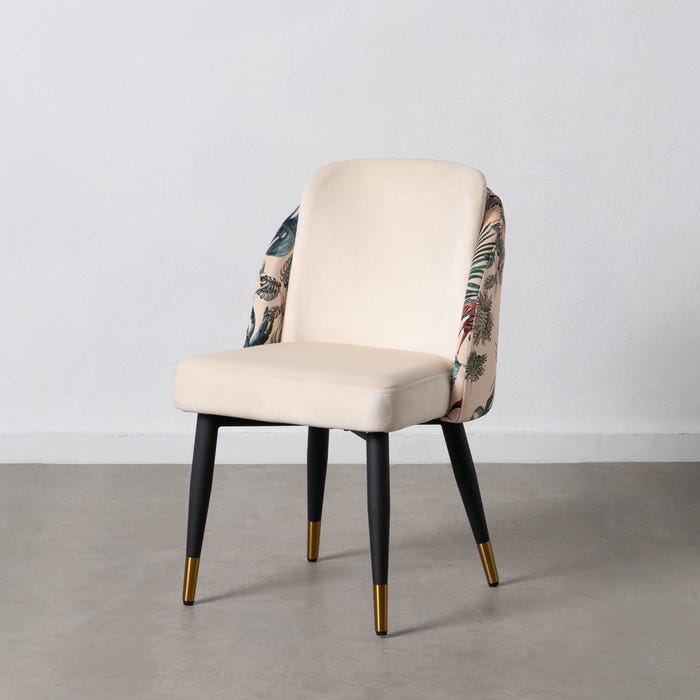 Cadeira pavão bege tecido-metal 51x52x82 cm Cadeira com assento creme, costas florais e pernas pretas com pontas douradas
