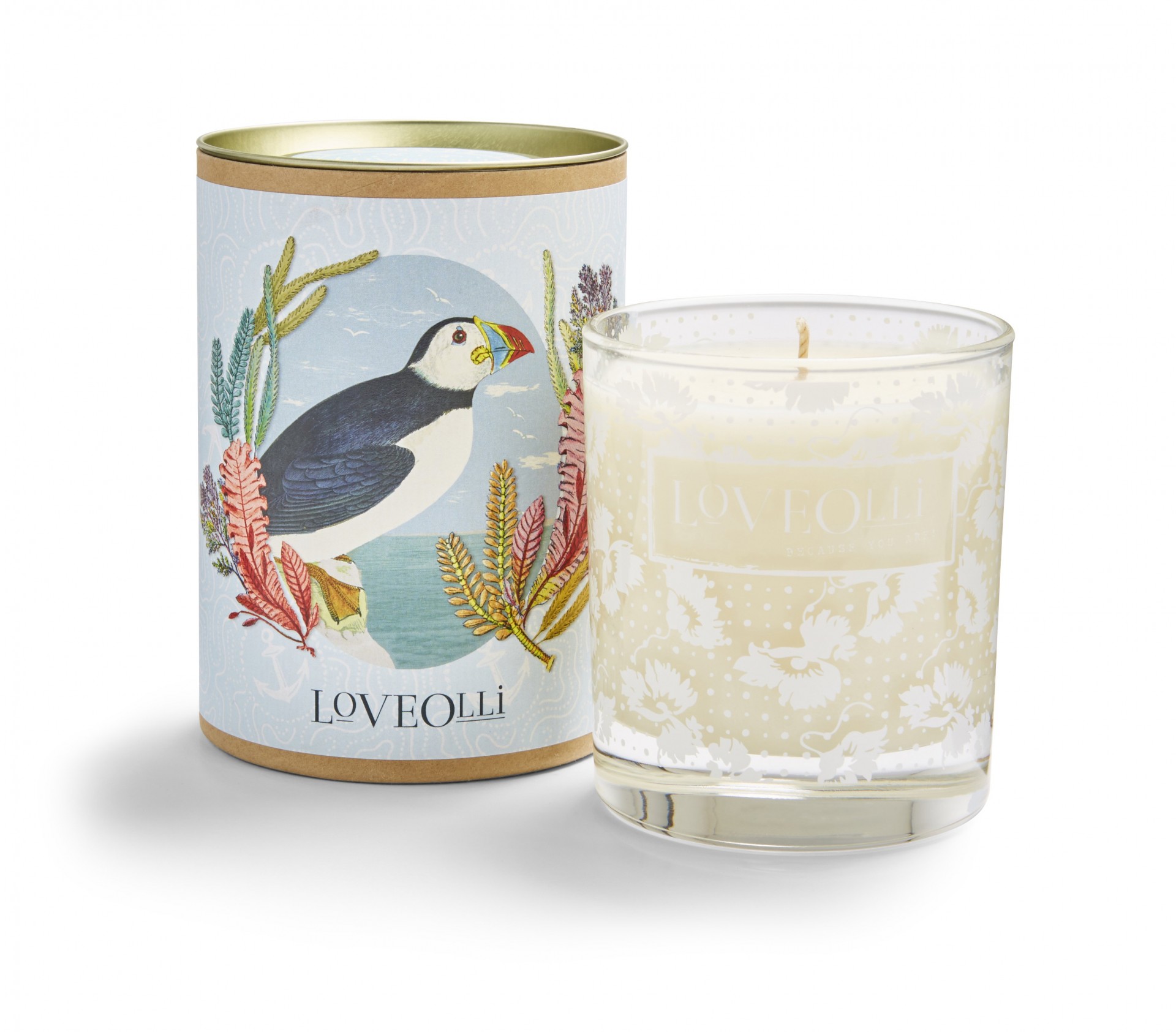 Loveolli-Vela Wish you were here Vela perfumada LoveOlli com embalagem decorativa e caixa cilíndrica