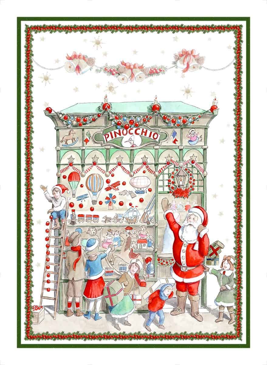 Pano de Cozinha Linho Montra de Natal Verde - Tessitura Ilustração natalícia de loja de brinquedos 'PINOCCHIO' com crianças e Pai Natal
