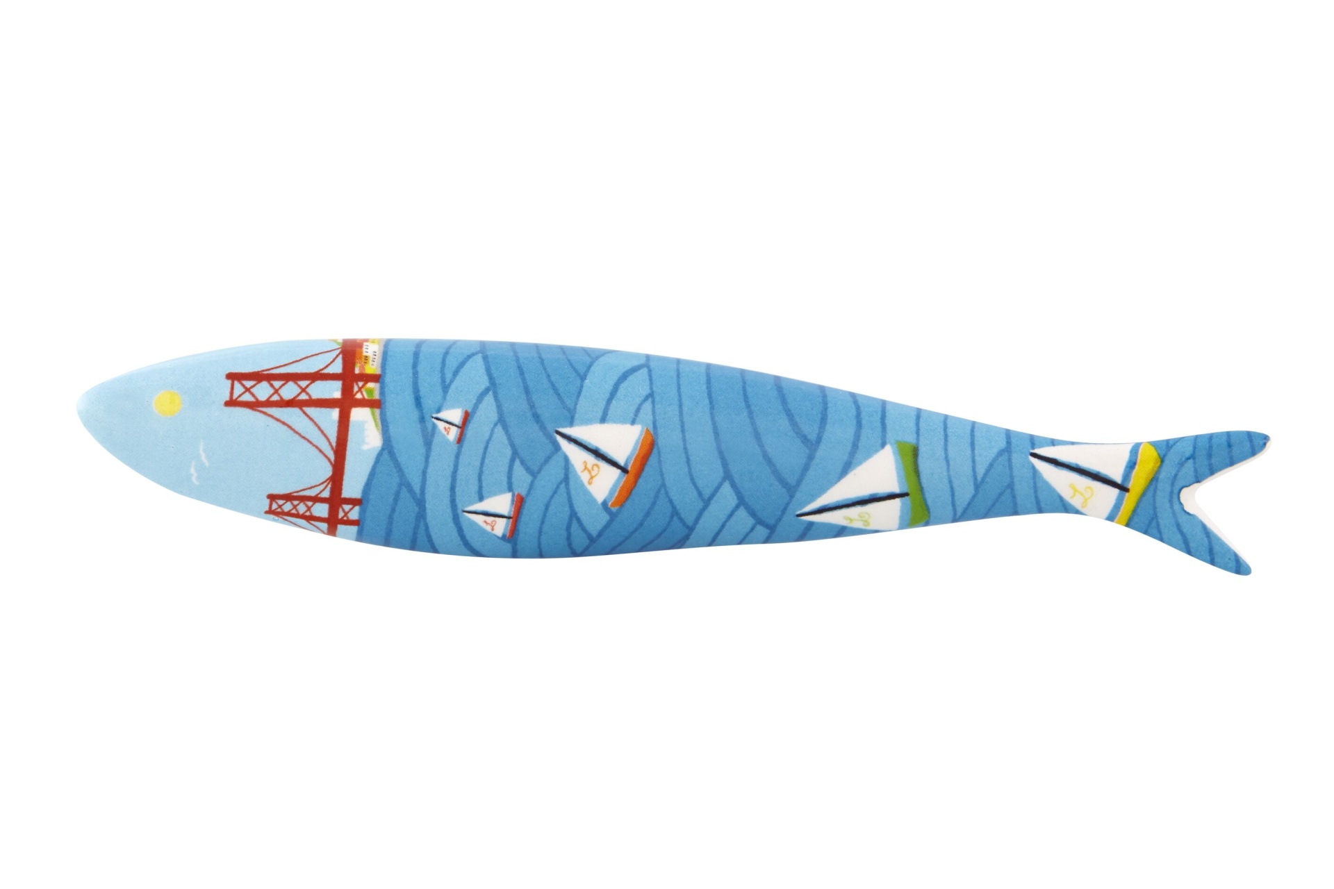 Sardinha Bordallo Pinheiro -Tejo by Sofia Fischer Travesseiro decorativo em formato de peixe com estampa náutica colorida