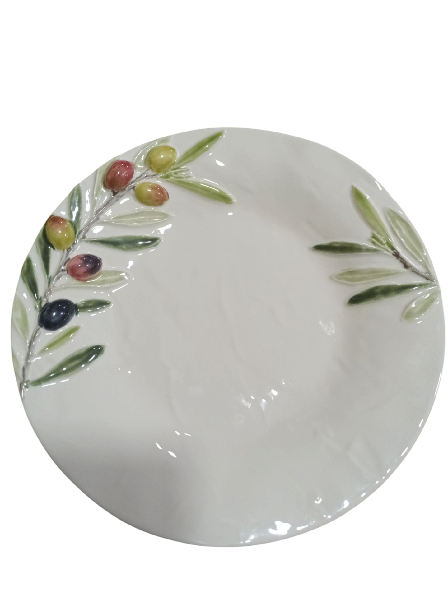 Prato Fruta/Entrada - Coleção Olival - Bordallo Pinheiro Prato branco redondo com decoração de ramos de oliveira e azeitonas coloridas em relevo