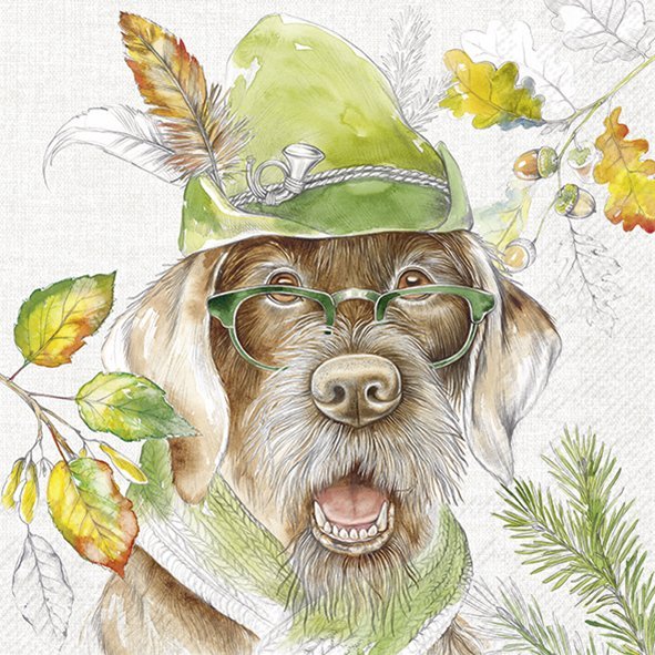 Guardanapos de papel Cão com chapéu e óculos - IHR Ilustração de um cão com acessórios verdes e folhas de outono ao redor.