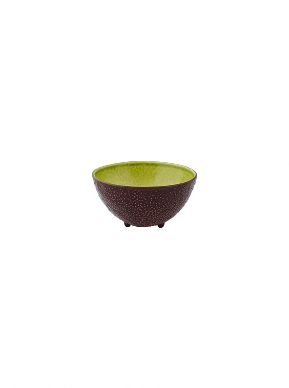 Tigela Abacate - Coleção Frutos Tropicais - Bordallo Pinheiro Taça pequena cerâmica castanho e verde com textura, três pés pequenos.