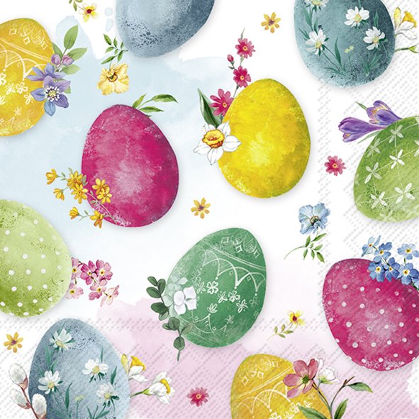 Guardanapos de papel ovos de Pascoa coloridos - IHR Ovinhos coloridos de Páscoa com padrões florais sobre fundo branco com pequenas flores.