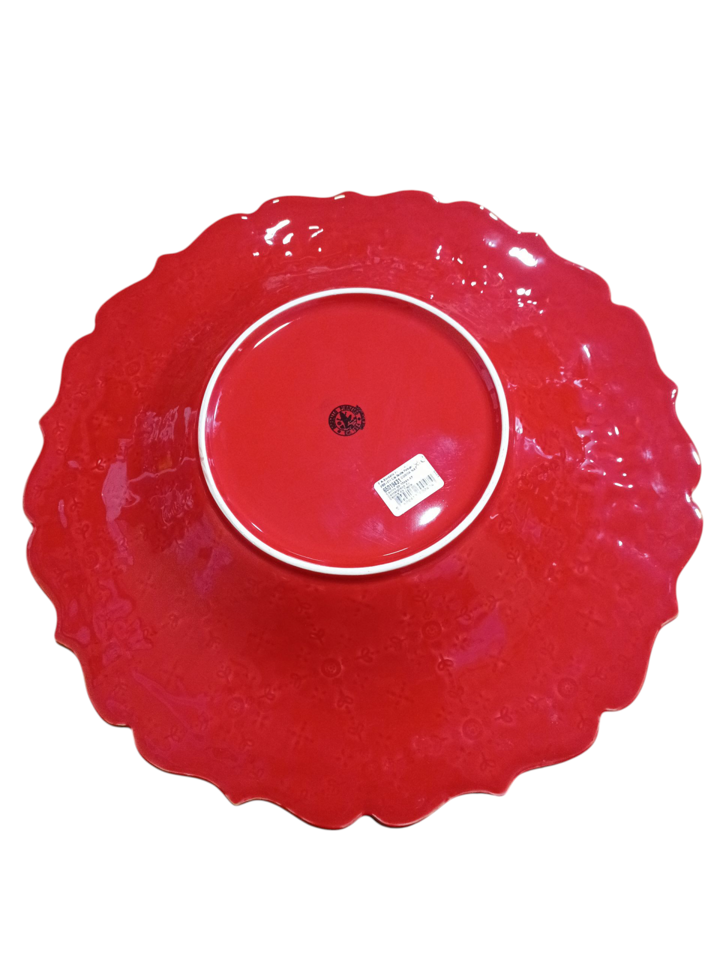 Centro Mesa - Coleção Coroa de Natal - Bordallo Pinheiro Prato vermelho de cerâmica vista traseira com selo e etiqueta