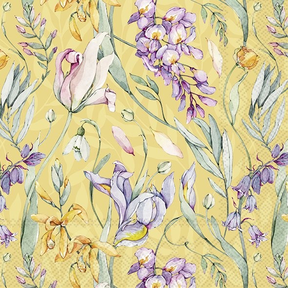 Guardanapos de papel flores - IHR Papel de parede ou tecido decorativo com padrão floral lilás, branco, amarelo e verde sobre fundo amarelo