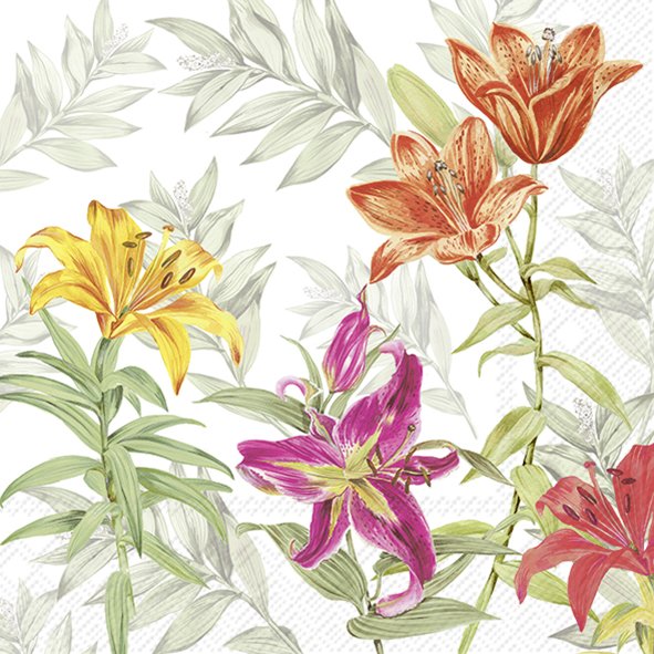 Guardanapos de papel flores - IHR Padrão floral com flores coloridas e folhas verdes cinzentas sobre fundo branco texturizado
