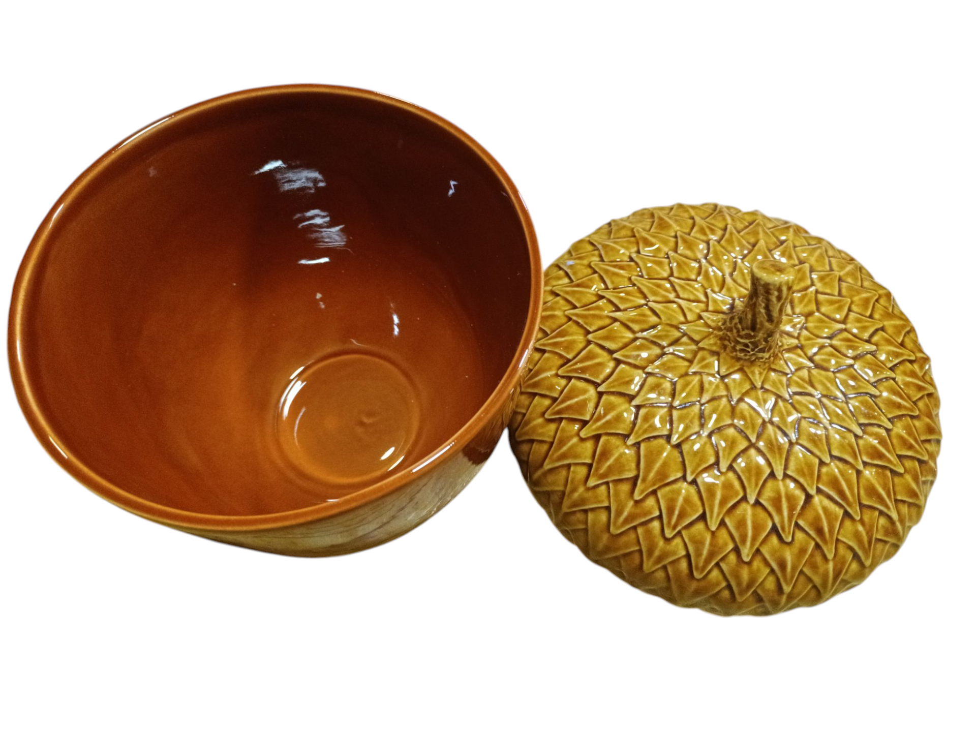 Caixa Bolota Grande - Coleção Gudrun Claudia Schiffer - Bordallo Pinheiro Tigela em cerâmica castanha com tampa amarela texturizada