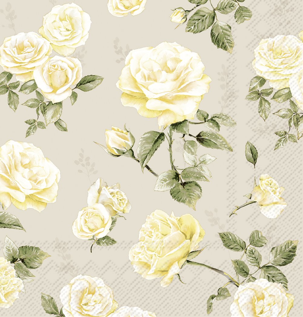 Guardanapos de papel Rosinhas amarelas - IHR Papel de parede bege com padrão de rosas amarelas e folhas verdes