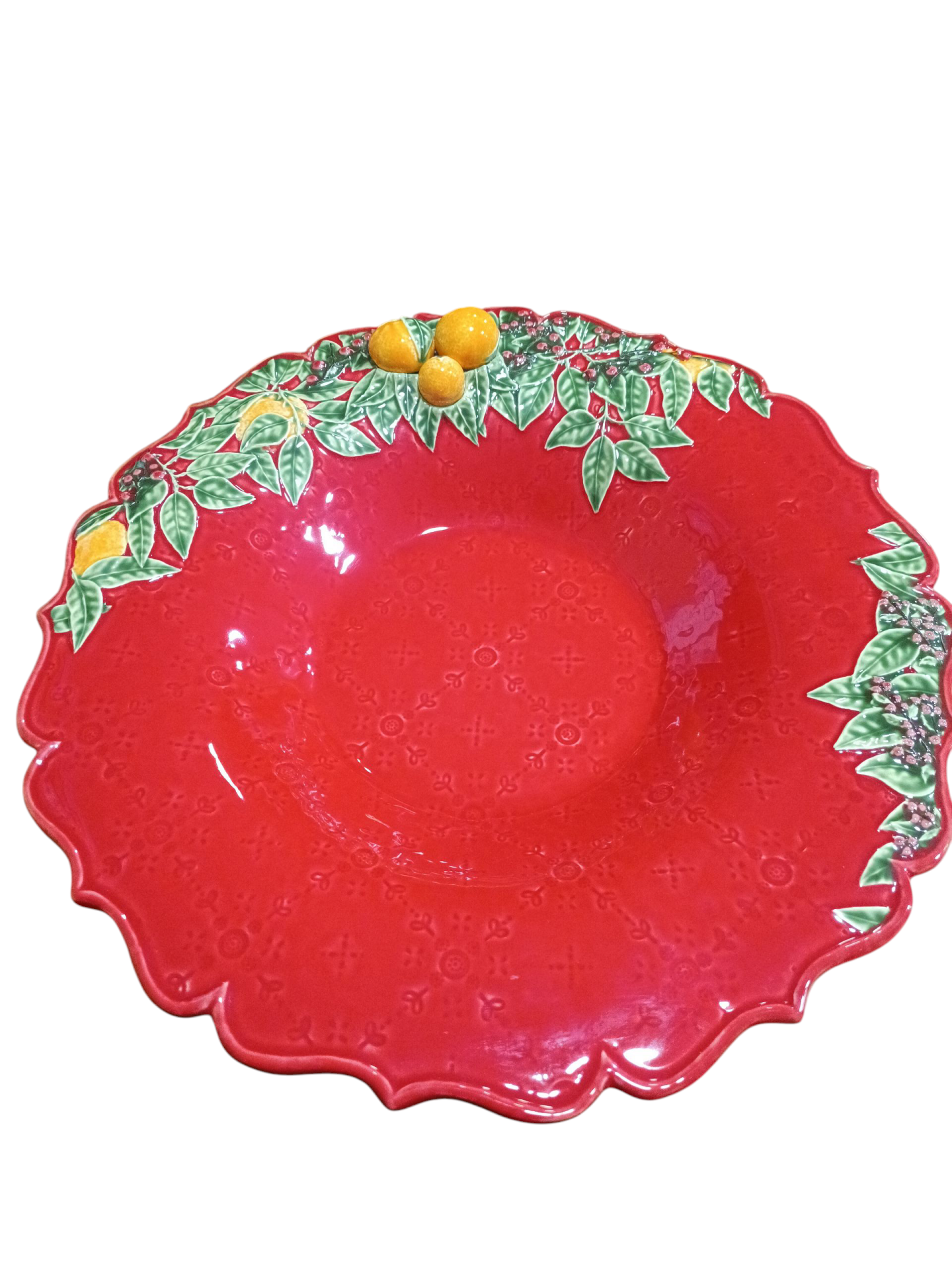 Centro Mesa - Coleção Coroa de Natal - Bordallo Pinheiro Prato vermelho decorado com folhas, bagas e frutos em cerâmica