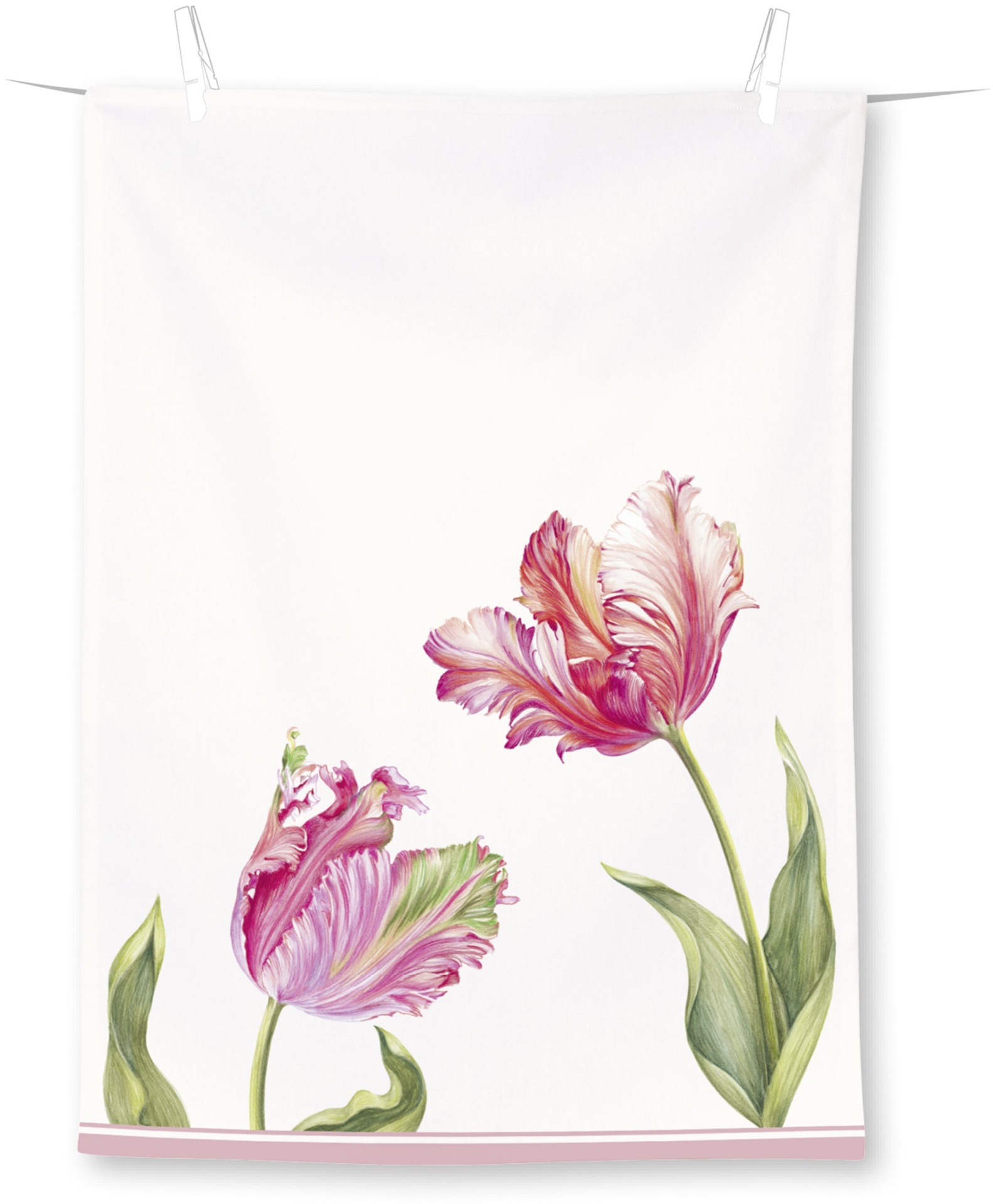 Pano de cozinha Tulipas desfolhadas 50x70 cm - Teatowel IHR Toalha branca com flores cor-de-rosa e verde pendurada