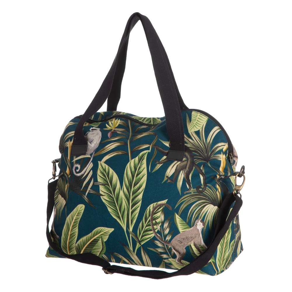 Saco com Macacos Azul Ciano Bolsa tropical com estampado de folhas e macacos e alças pretas