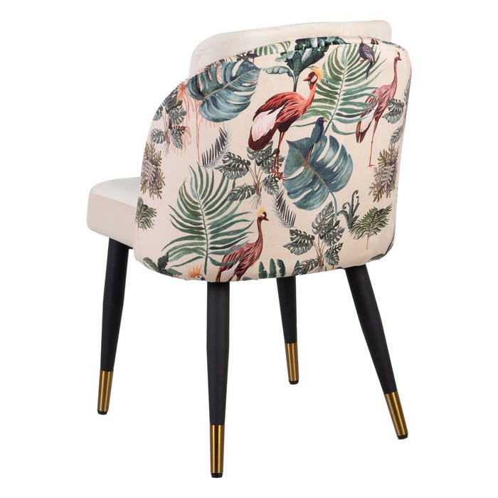 Cadeira pavão bege tecido-metal 51x52x82 cm Cadeira estofada creme com encosto estampado de folhas e aves, pernas pretas com pontas douradas
