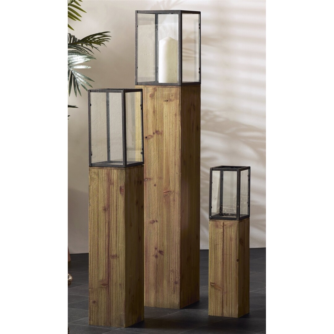 Lanternas rusticas Conjunto de três lanternas em madeira e vidro com vela