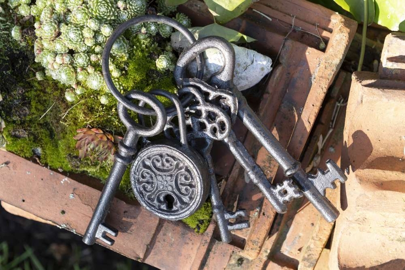 5 Peças em Ferro para um Jardim Rústico e Elegante Cadeado e chaves decorativas pretas sobre ladrilhos de terracota com plantas suculentas