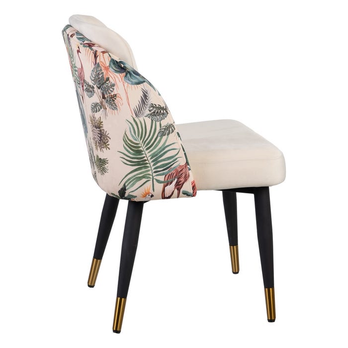 Cadeira pavão bege tecido-metal 51x52x82 cm Cadeira com assento bege e encosto floral com pernas pretas e douradas