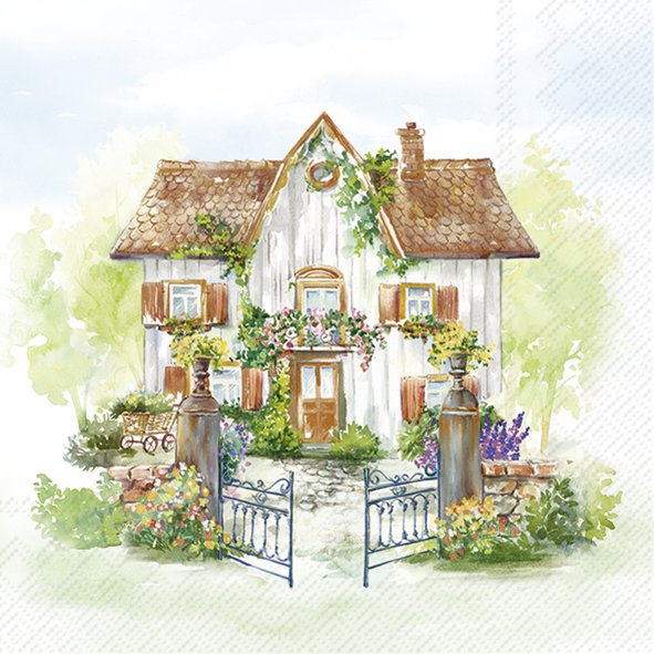 Guardanapos de papel Casinha de campo - IHR Ilustração de casa branca com telhado castanho e jardim florido